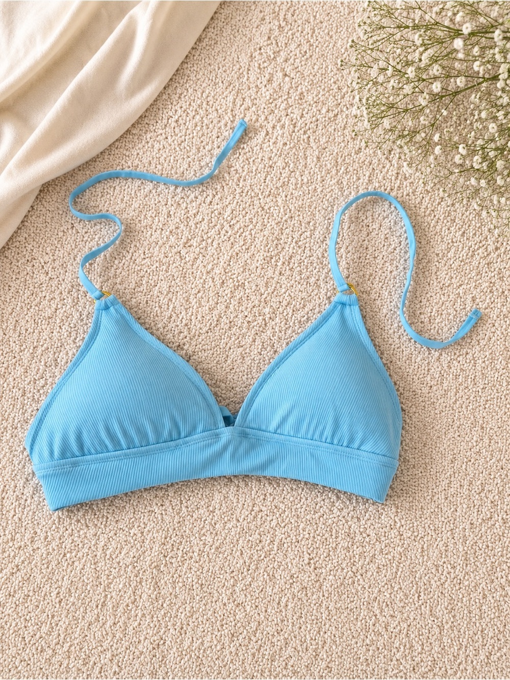 BECCA Sky Blue Ribbed Triangle Bikini Top